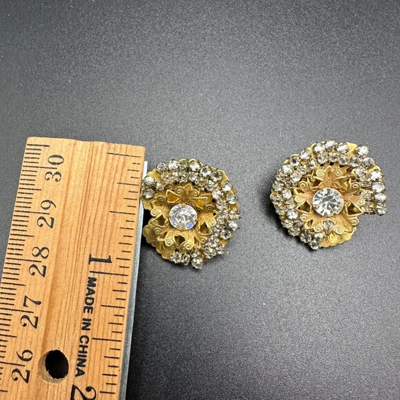 Vintage Signed Miriam Haskell Flower Gold Tone Rhinestone Earrings - Picture 7 of 12